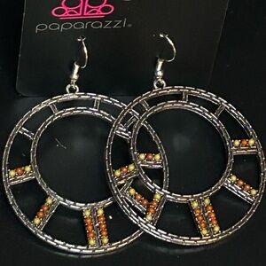 Paparazzi Metallic Hoop Earrings with Amber Accents